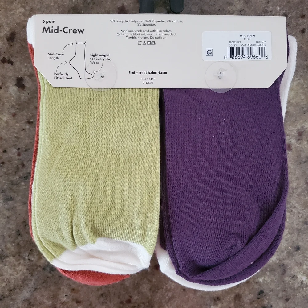 NEW No Boundaries Mid‎ Crew Socks 6 Pair Strips And Solids Multicolor Women